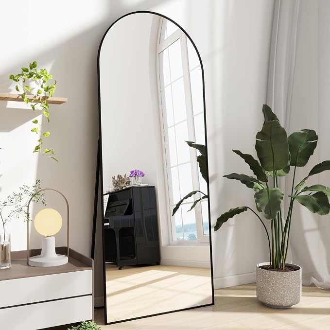 Dewfig Arched Full Length Mirror, 64"x20" Gold Mirror with Stand, Full Body Mirrors for Leaning Against or Wall Mounted, Large Floor Mirrors for Bedroom, Living Room, Black