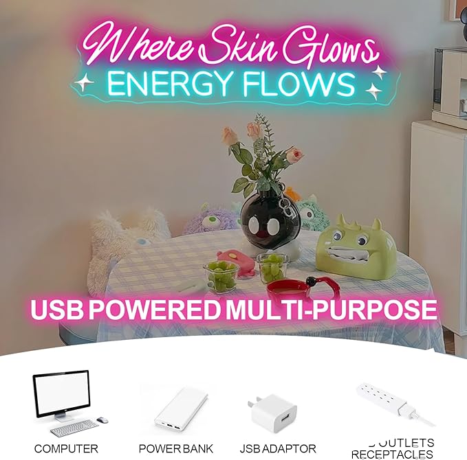 Where Skin Glows Energy Flows Neon Sign Beauty Salon Sign Medspa Decor LED Sign Spa Wall Art SkinCare Facial Room Wall Decor Beauty Spa Sig, Hair Salon Nails Wax Lash Beauty Decoration Aesthetic,23.6IN