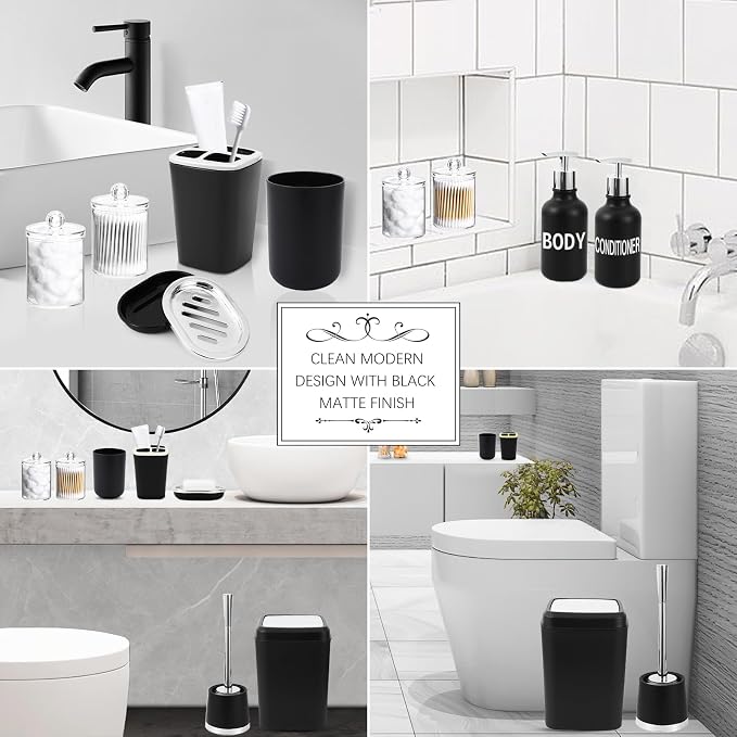 XLHOMO Black Bathroom Accessories Set - 10 Piece Bathroom Set with Trash Can and Toilet Brush, Soap Dispenser, Toothbrush Holder and Cup, Soap Dish, and Qtip Holder, for Housewarming Gift