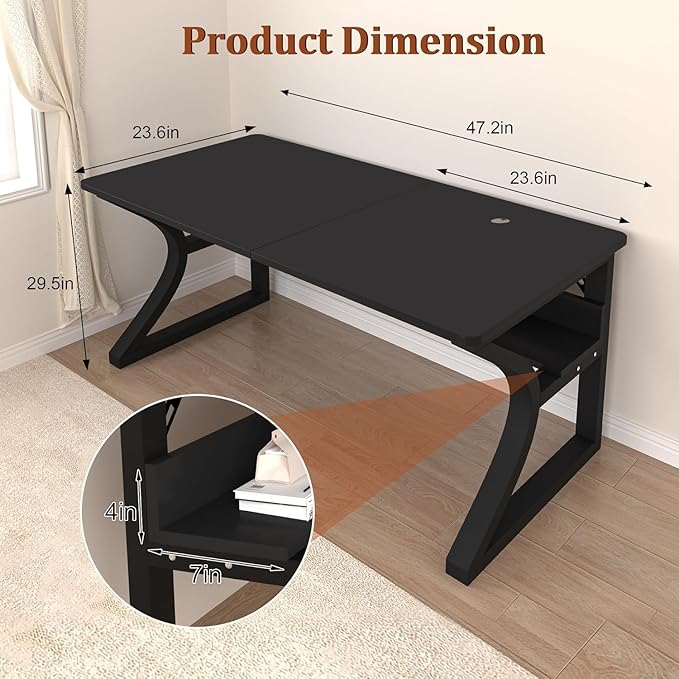 47 inch Computer Desk, Home Office Desk with Storage Shelf, Sturdy U-Shaped Metal Frame Study Table with Cable Management, Gaming Desk for Office & Bedroom (Black, 47 inch)