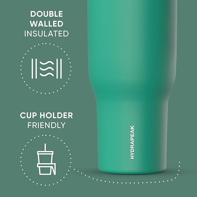 Hydrapeak Voyager 40 Oz Stainless Steel Tumbler with Handle, Insulated Water Bottle With Straw & Lid, Cupholder Friendly Reusable Travel Mug (Kelly Green)