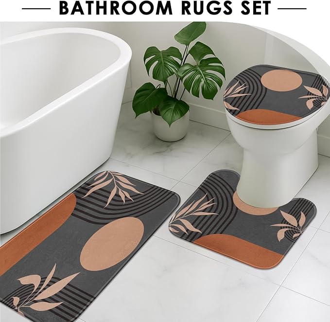 Boho Mid Century Shower Curtain Set with Toilet Lid Cover and Non-Slip Rugs, Abstract Grey Background 4 Pcs Modern Minimalist Vintage Gray Shower Curtain for Bathroom Set with 12 Hooks