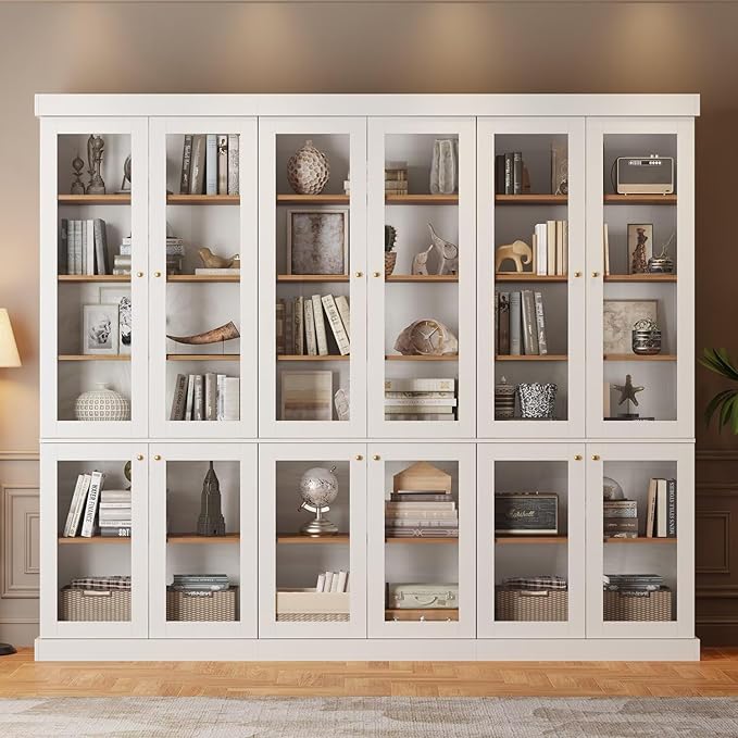 Vyre 70.8" Bookshelf with Glass Doors, Farmhouse Modular Bookcase with 6-Tier Adjustable Shelves, Large Storage Cabinet for Living Room & Home Office, White