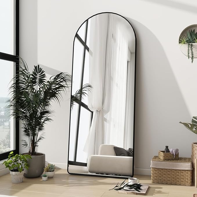 Degfig Arched Full Length Mirror, 64"X21" Floor Length Mirror with Aluminum Alloy Frame, Full Body Mirrors with Stand, Hanging or Leaning Mirrors for Living Room, Bedroom, Black,Round Corner