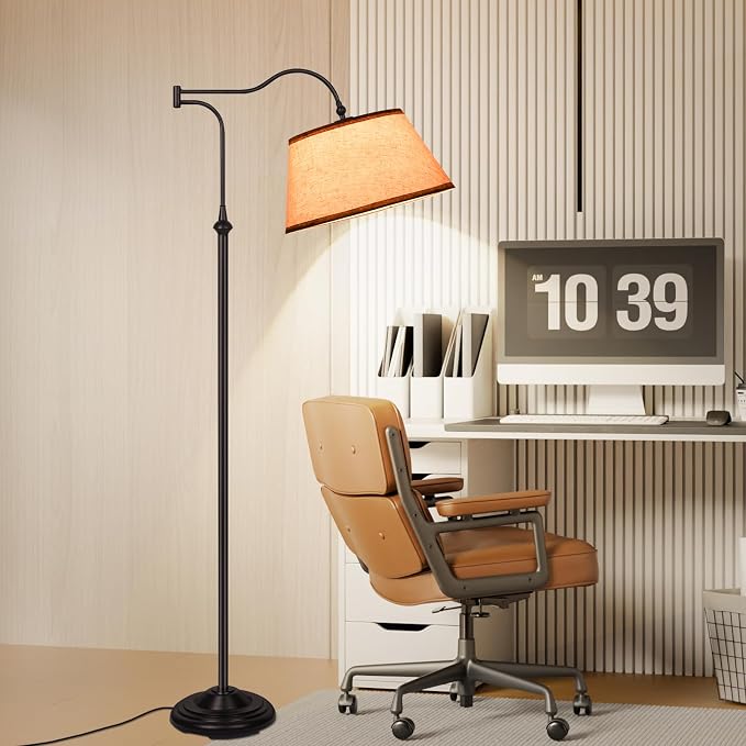 Swing Arm Floor Lamp, Arc Floor Lamps with 180° Adjustable Cantilever for Living Room, Mid Century Standing Lamp with Linen Shade, Tall Lamps for Bedroom Living Room Office Reading Room (Brown)