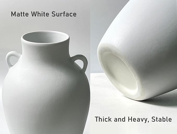 GeLive Matte White Ceramic Jar Vase with Dual Handles, Handmade 10 Inch Waterproof Rustic Farmhouse Pitcher Vase for Table Centerpiece, Flower Arrangement Home Decor