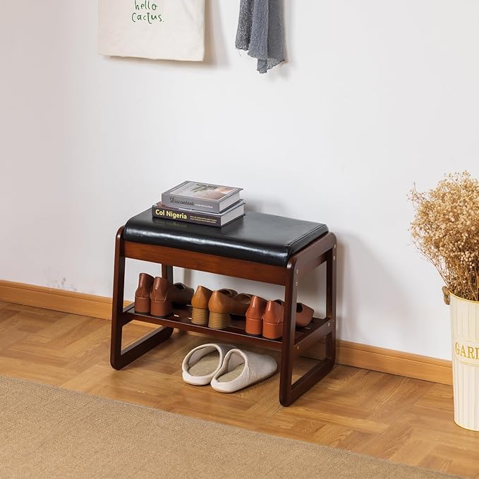 SOBIBO Solid Wood Shoe Bench, 2-Tier Entryway Bench with Cushion and Flip-Open Storage Box, Mid-Century Modern Shoe Bench Rack for Hallway, Mudroom(Black, 21.65'')
