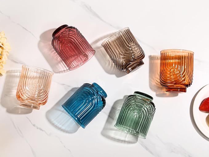 Colored Vintage Drinking Glasses Set of 6-15oz Hand-Blown Highball Ribbed Glassware, Arch Design Cocktail Glasses for Whiskey Water Beverages Ice Coffee Juice Milk