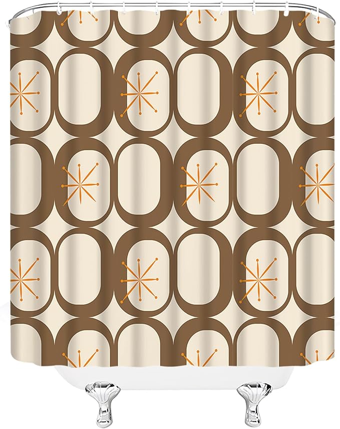 Mid Century Shower Curtain Modern Abstract Atomic Starbursts Squares Retro 50s Geometric Bathroom Decor Polyester Curtains with Hooks