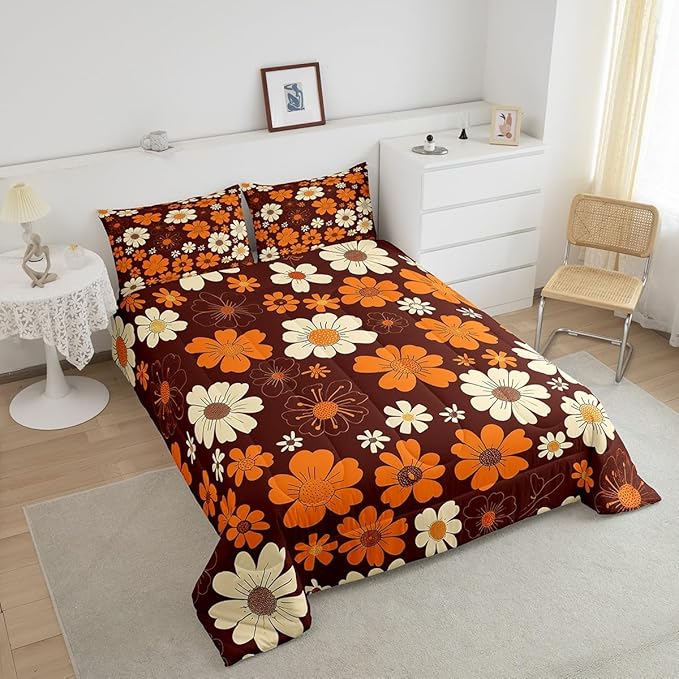 70s Groovy Flowers Bedding Set King Size,Hippie Retro Farmhouse Plant Comforter Set Room Decor for Couple,Brown White Yellow Floral Microfiber Down Comforter,2 Pillowcases