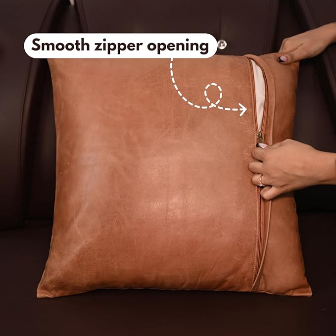D DOLLY LAMB Lambskin Leather Pillow Cover - Sofa Cushion Case - Decorative Throw Covers for Living Room & Bedroom, 14x14 Inches - Antique Brown Plain