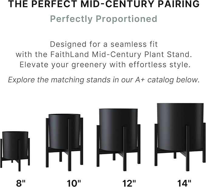 FaithLand 12 Inch Fiberstone Planter - Lightweight Modern Cylinder Plant Pot with Drainage Hole & Plug, Indoor Outdoor Use, Matte Black