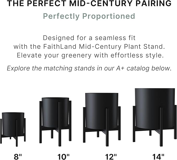 FaithLand 8 Inch Fiberstone Planter - Lightweight Modern Cylinder Plant Pot with Drainage Hole & Plug, Indoor Outdoor Use, Matte Black