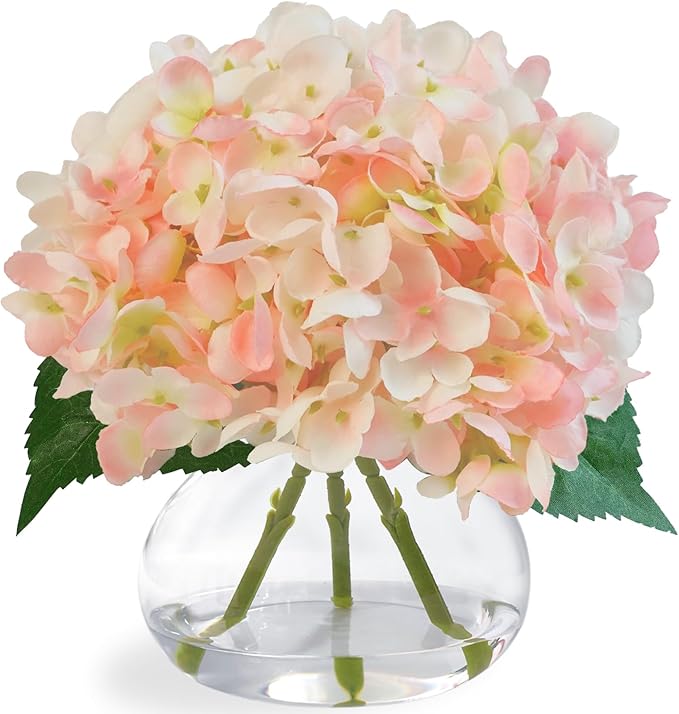 Hydrangea Artificial Flowers in Glass Vase, Powder Silk Fake Flowers Silk Centerpiece Table Decorations for Dining Room， Coffee Table Decor，Wedding, Home with Faux Water Decor（Pink）