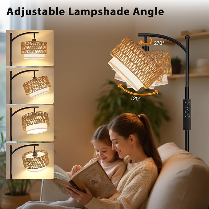 Ambimall Arc Floor Lamp for Living Room with Remote, Color Temperature & Brightness Adjustable, Boho Standing Lamp with Rattan & Fabric Double Drum Shades, Bulb Included(Black)