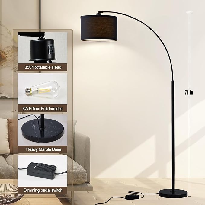 Luvkczc Arc Floor Lamps for Living Room, Dimmable Floor Lamp with Adjustable Head, Black Finish Modern Floor Lamp, Over Couch Tall Standing Hanging Light for Reading, Bedroom, Office, Bulb Include