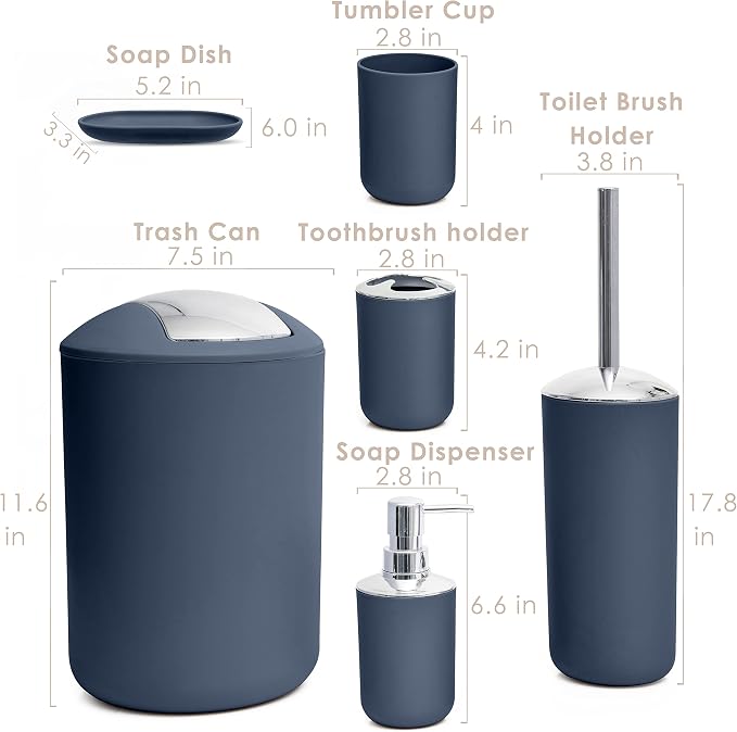 Moss & Stone 6 pcs Bathroom Accessories Set, Bathroom Decor Sets Includes Soap Dispenser, Toothbrush Holder, Toothbrush Cup, Soap Dish, A Complete Bathroom Accessories Blue Set