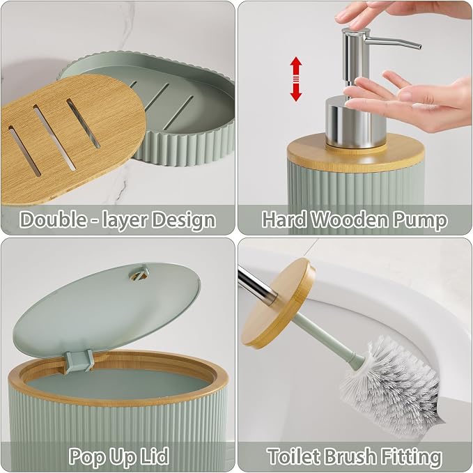 Sage Green Bathroom Accessories Set, 25 Pcs Bathroom Decor Set with Shower Curtain, Rugs, Trash Can, Soap Dispenser, Toothbrush Holder, Tumbler, Soap Dish, Storage Jars and Hooks for Guest Bath