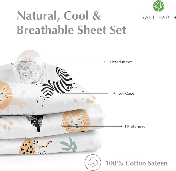 100% Cotton 210TC Salt Earth Kids Bedsheet,Twin Sheets Set for Toddler bed, 3 Piece Bedding Set Including Flat Sheet, Fitted Sheet, and Pillowcase, Themed Sheets for a Playful Kids Bed (Jungle Safari)