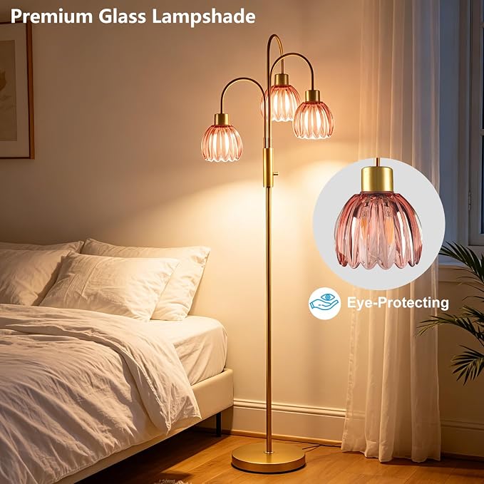 3-Light Glass Floor Lamp, 70" Gold Dimmable Standing Tall Lamp with Deep Red Ribbed Glass Shades &3PCS 3000K Warm White Bulbs, Modern Tree Pole Lamp for Living Room Bedroom Home Office Corner Decor