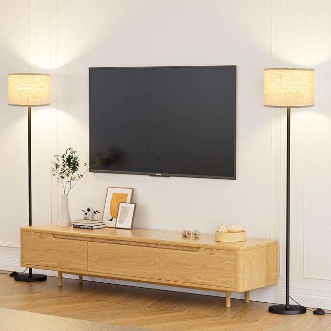 Ambimall 60'' Modern Floor Lamp Set of 2, 2PK Tall Lamps for Living Room Bedroom, Beige Shade with Black Pole(Without Bulb)