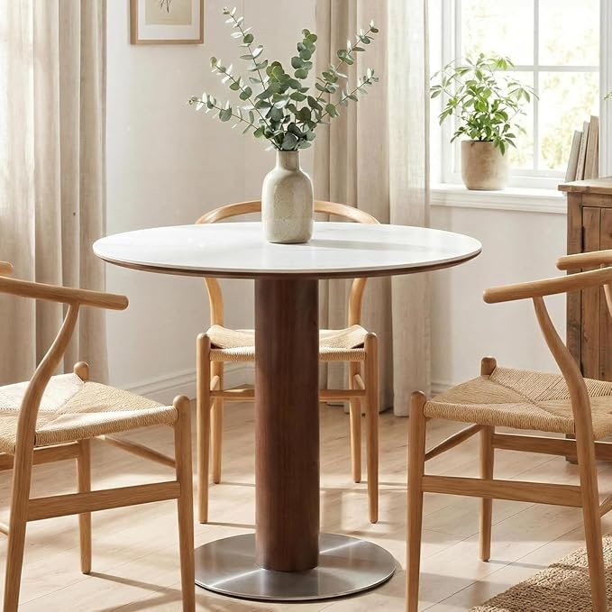 Round Dining Table, 31.5" Solid Wood Dinner Table with Thickened Top & Steel Pedestal, Mid Century Modern Bistro Table for Kitchen, Small Space, Living Room, Cafe, White & Walnut -Style A