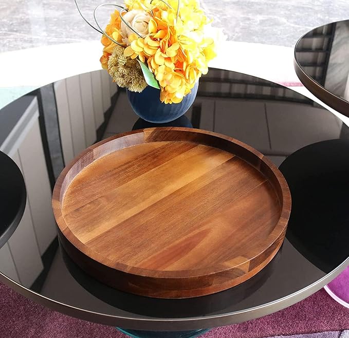 Acacia Wood Round Serving Tray, 13.8" Charcuterie Board with Rim, Decorative Centerpiece for Ottoman, Coffee Table, Couch, Kitchen Island, Round Serving Platter, 1 Pack