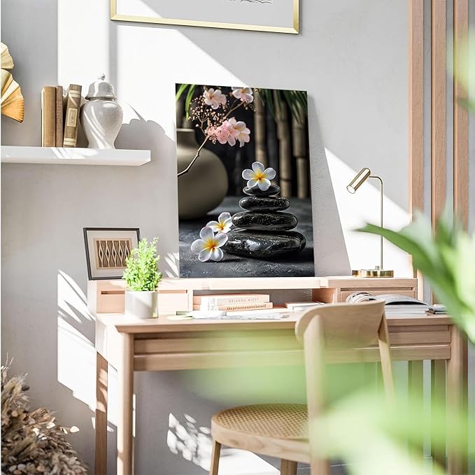 A harmonious black stone stack paired with white and pink flowers bamboo and ceramic vases creates a tranquil Zen decor for minimalist homes and mindful spaces 12x18in Frameless