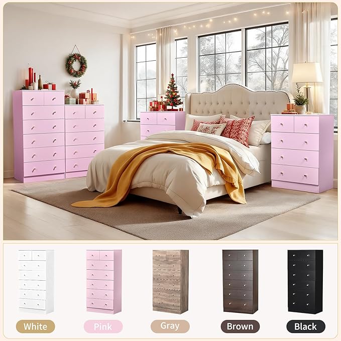 Karl home Pink 7 Drawer Dresser for Bedroom, Tall Dresser Chest of Drawers, Rustic Wood Bedroom Dressers Clothes Organizer, Anti-Tipping Device, Rose Gold Metal Handle, Living Room, Entryway, Office