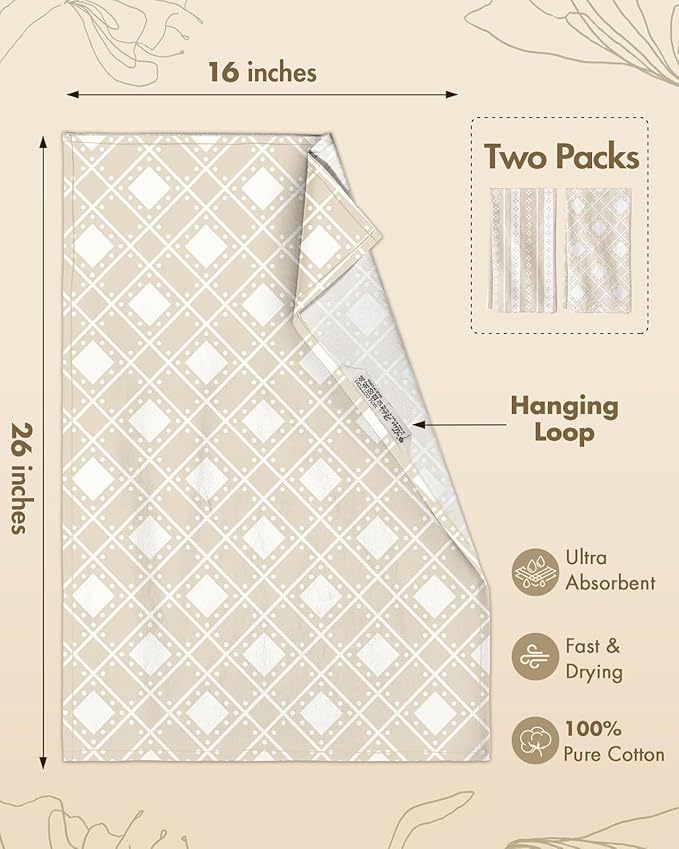 Miss Adola 2 Pack Flour Sack Kitchen Towels - 16x26 Inch Cotton Dish Towels with Hanging Loop Reusable Geometric Boho Modern Tea Towel Absorbent Dishcloths Home Decor, Beige Bohemia