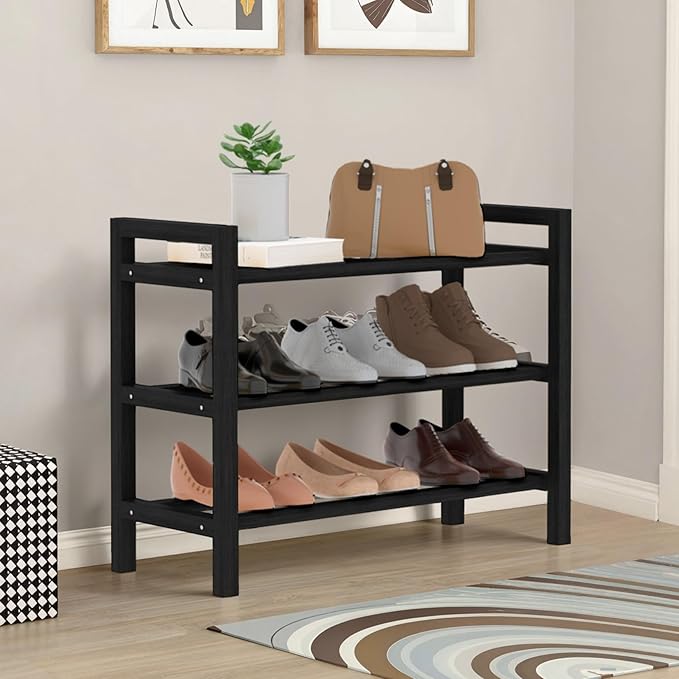Haddockway Bamboo Shoe Rack for Closet, Free Standing Shoe Organizer with Smooth Round Rods & Convenient Handles, Stackable Shoe Storage Shelf for Entryway, Hallway(Black, 3-Tier(Small))