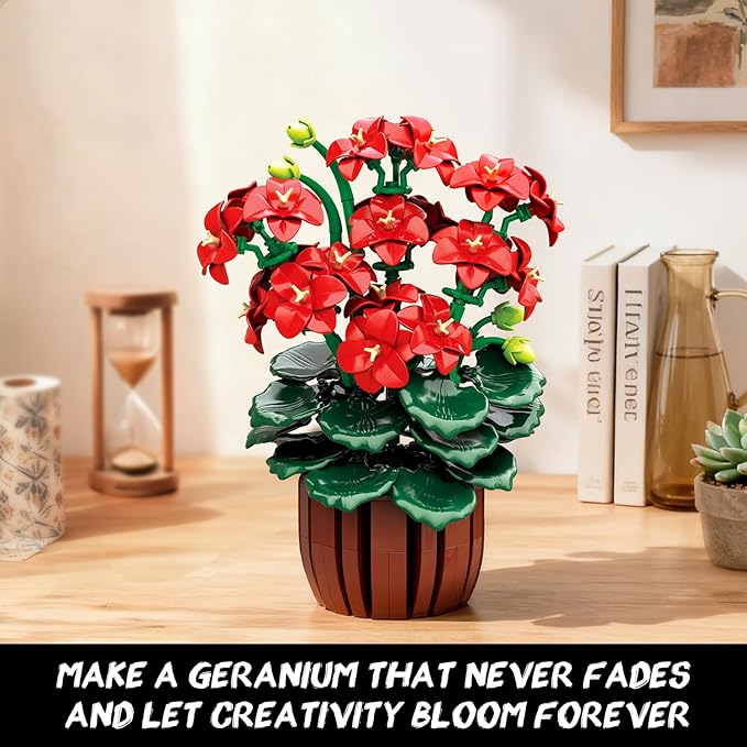 Flowers Geranium Botanicals Building Set - Artificial Bonsai Plants for Home Office Decor Display, 548PCS Geranium Flowers Pot Building Blocks for Adults Women Ages 12+ Gift for Christmas