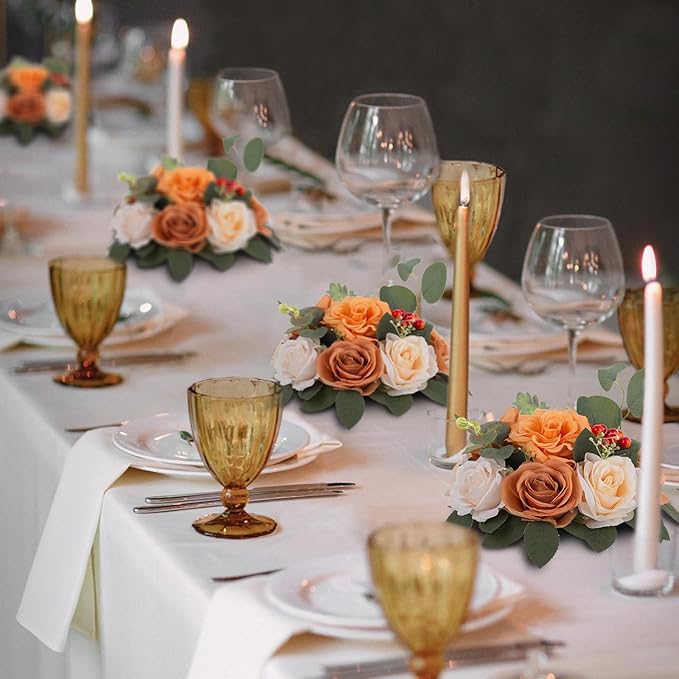 BLOSMON Terracotta Flowers Balls Centerpieces: 2 Pcs Artificial Rose for Home Table Decorations - Fall Fake Silk Kissing Floral Arrangements for Wedding Party Event DIY Decor