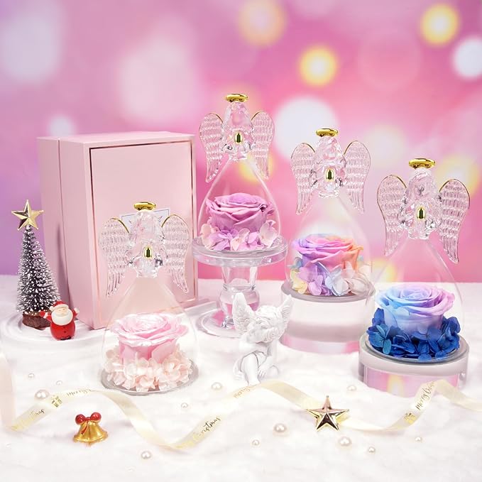 Sunia Preserved Flower Rose Gift for Women - Mother's Day Birthday Gifts for Mom Wife Grandma, Glass Angel Figurines Forever Real Roses Gifts for Her Valentine Day Thanksgiving﻿ (Pink Purple)