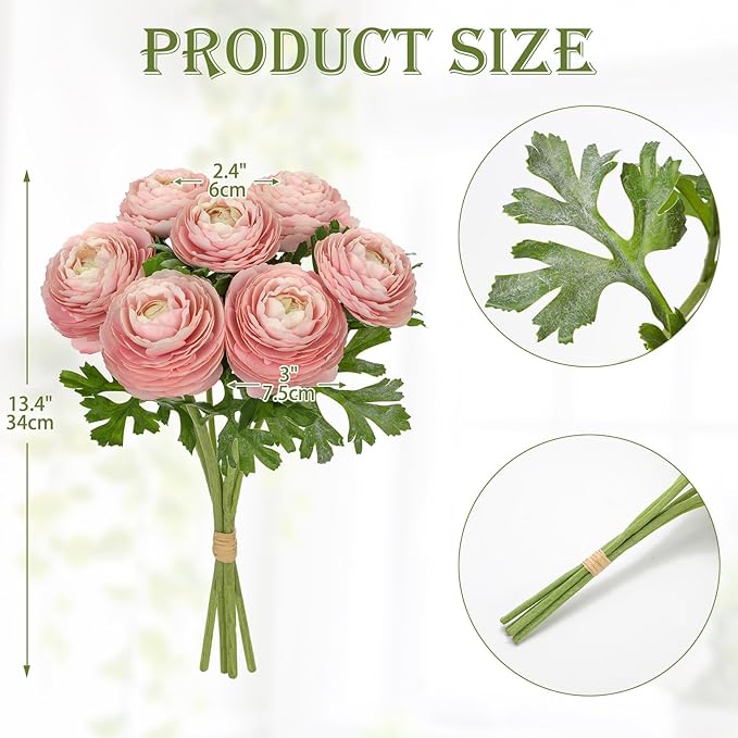 Hollyone 7 Heads Ranunculus Artificial Flowers Pink Fake Ranunculus Small Bouquets Silk Flowers Faux Floral Centerpieces Flower Arrangements for DIY Home Decor Wedding Party Bridal Shower Decorations