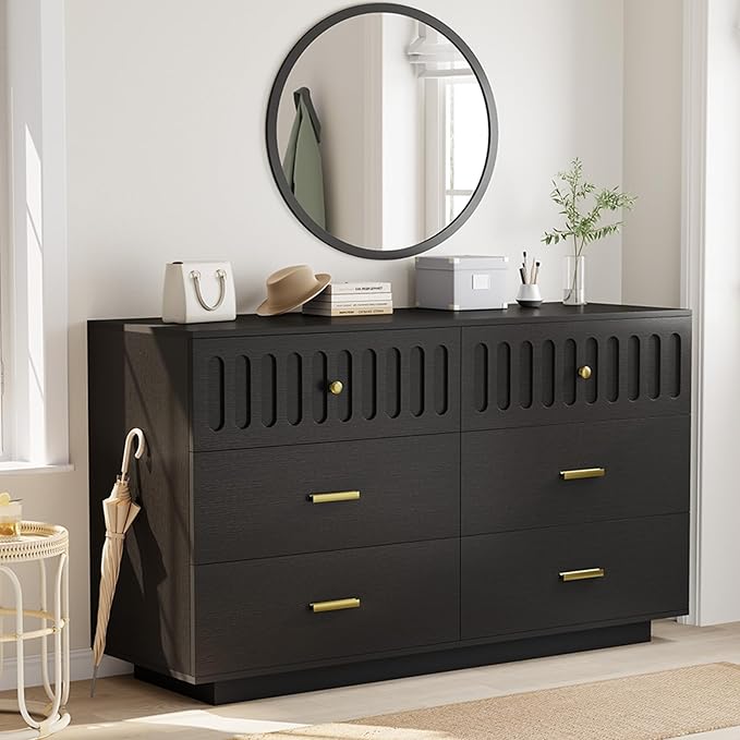 IBF Fluted Dresser with 6 Drawers for Bedroom, Large Wooden Chest of Drawers with Anti-Tipping Design for Men,Women, 54" Wide Modern Cloth Storage Dressers for Nursery,Closet,Living Room, Black Oak