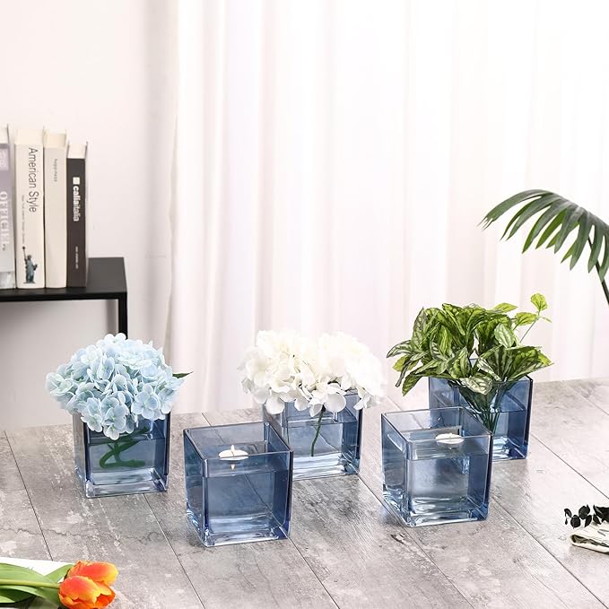 Square Blue Glass Vases Set of 6, 5" x 5" x 5" Flower Vases for Centerpieces, Square Vase for Centerpieces, Small Vase for Wedding, Party, Home Office Decoration