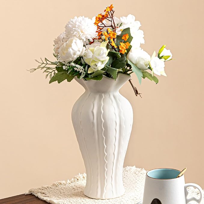 Sculptural Lily Vase - White Matte Ceramic with Ruffled Rim & Wave Texture, 10.2" Unique Flower Vase for Pampas Grass/Centerpieces, Decorative Vase for Living Room/Office, Ideal Gift for Art Lovers