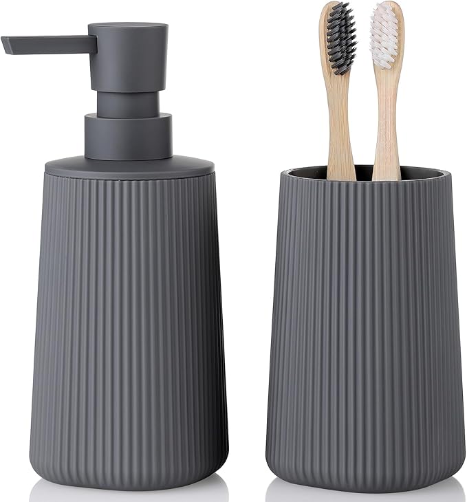 YAUKPH Bathroom Accessories Set 2 Piece Soap Dispenser and Toothbrush Holder for Bathroom Countertop Striped Gray