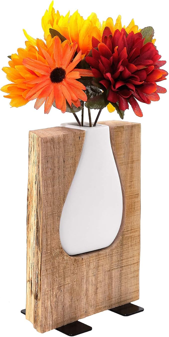 Excello Global Products Matte White Glass and Wood Vase - Rustic Flower Vase Decorative Centerpieces for Dining Room Table Coffee Tables Vintage Farmhouse Decor (Short - 8" x 6")