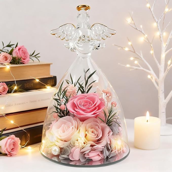 Casaido Christmas Rose Gifts for Women, 7" Pink Preserved Roses Flowers in Glass Angel Figurine, Birthday Gift for Mom Wife Grandma, Eternal Rose for Mothers Day Valentines Anniversary