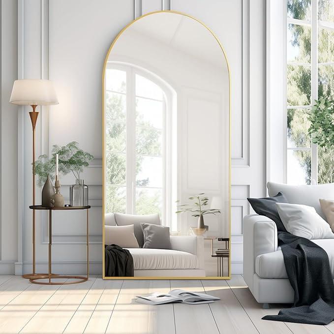 Dewfig Arched Full Length Mirror, 71"*30" Large Floor Mirrors, Full Body Mirror for Leaning or Hanging, Standing Mirrors for Bedroom, Living Room,Dressing Room, Aluminum Alloy Frame, Gold