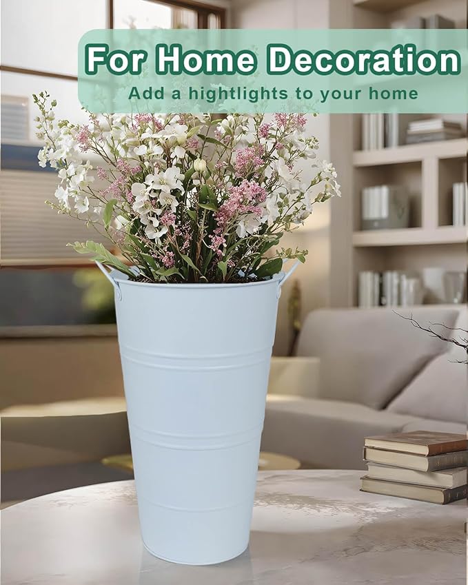 12 Inch Galvanized Metal Vases for Flowers - 2 Pcs Farmhouse Decorative Tall Flower Bucket with Handles, Rustic French Tin Planter Buckets for Wedding Decor (Pure White)