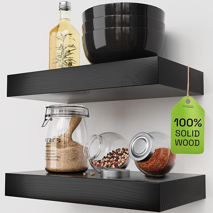 BAOBAB WORKSHOP Solid Wood Floating Shelves for Wall 12 Inch Wide, Small Wooden Shelf Kitchen Bedroom, Bathroom Shelves for Room Wall Mounted, Black Shelf, 12W × 6.7D, Set of 2