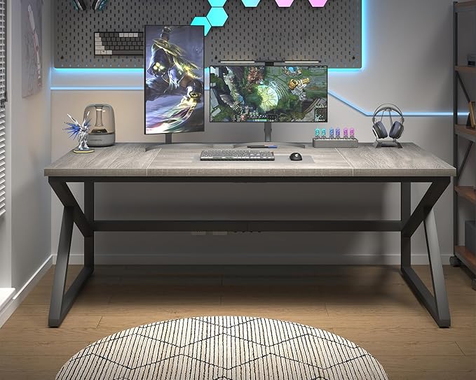HSH 70 Inch Long Grey Desk, Large Home Office Computer Desk for 2 People, Industrial Wood and Metal Executive Work Writing Study Gaming Desk Table, Modern Bedroom Simple PC Laptop Desk Double Desk