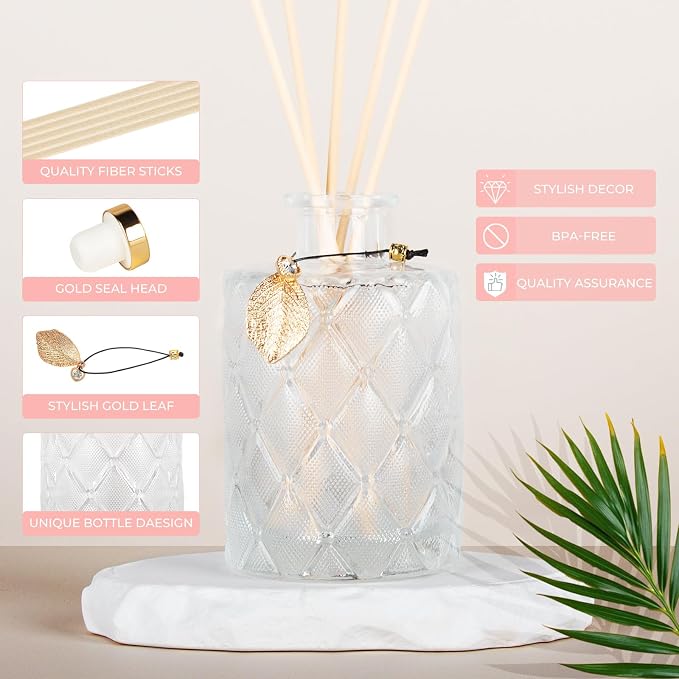 Glass Reed Diffusers Bottles for Home, Diffuser Bottles with 20PCS Reed Diffuser Sticks, Vintage Embossed Apothecary Style Flower Bud Vases with Cork Lids, Set of 3