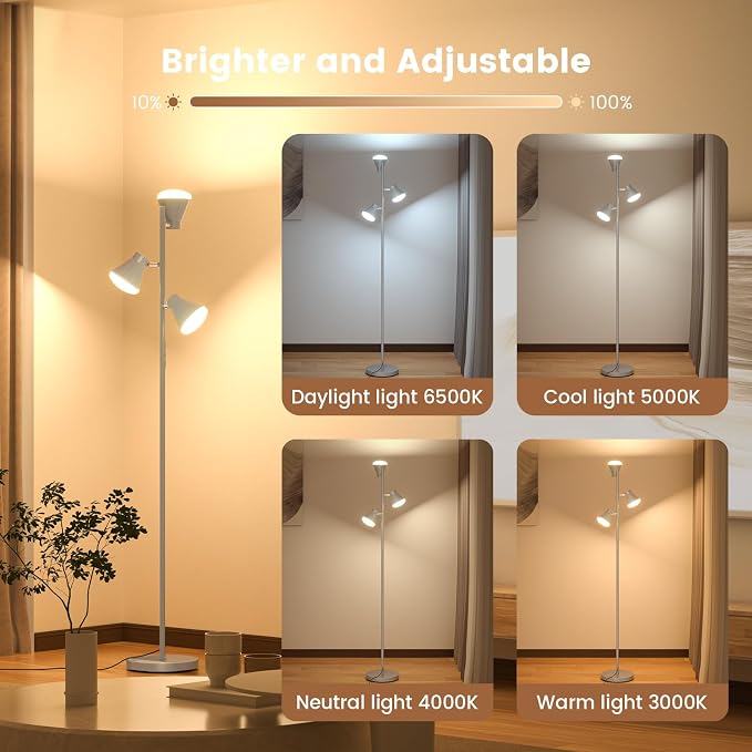 SIBRILLE 36W LED Tree Floor Lamp, Dimmable Tall Standing Lamp with Remote & Touch Control, 4 Color Temperatures Bright Floor Lamp, 3 Rotatable Light Modern Floor Lamps
