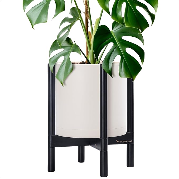 D'vine Dev Planter Pot with Stand - 12 Inch Plastic Cylinder Flower Pot with Wood Planter Holder for Indoor, Oatmeal Pot + Ebony Stand, 55-C-Q-4