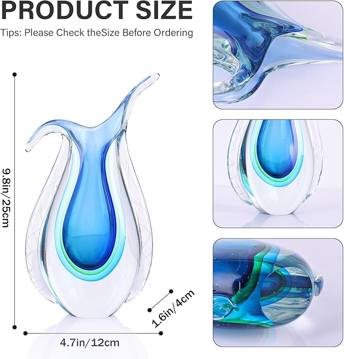 Blue Hand Blown Glass Vase – Oval Decorative Art Glass for Centerpieces, Murano Inspired Decor for Dining Room, Entryway Table, or Shelf, Handmade Glass Vase for Home Display (Blue Green)