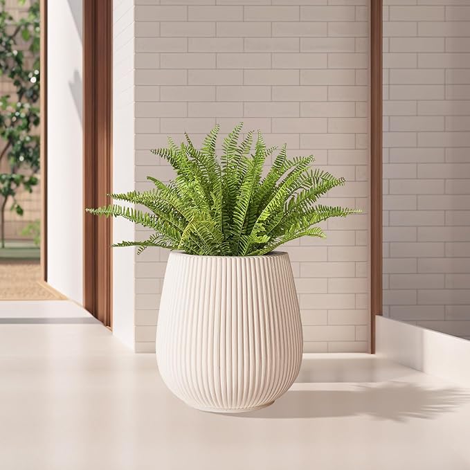 16 Inch Handmade Concrete Outdoor Planter - Classic Striped Design | Fiberglass & Composite Material | Durable for Commercial & Home Decor